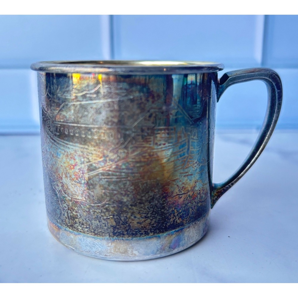 Oneida Silver Plated Baby Cup Noahs Ark Etched Animals Vintage Rainbow Tarnish